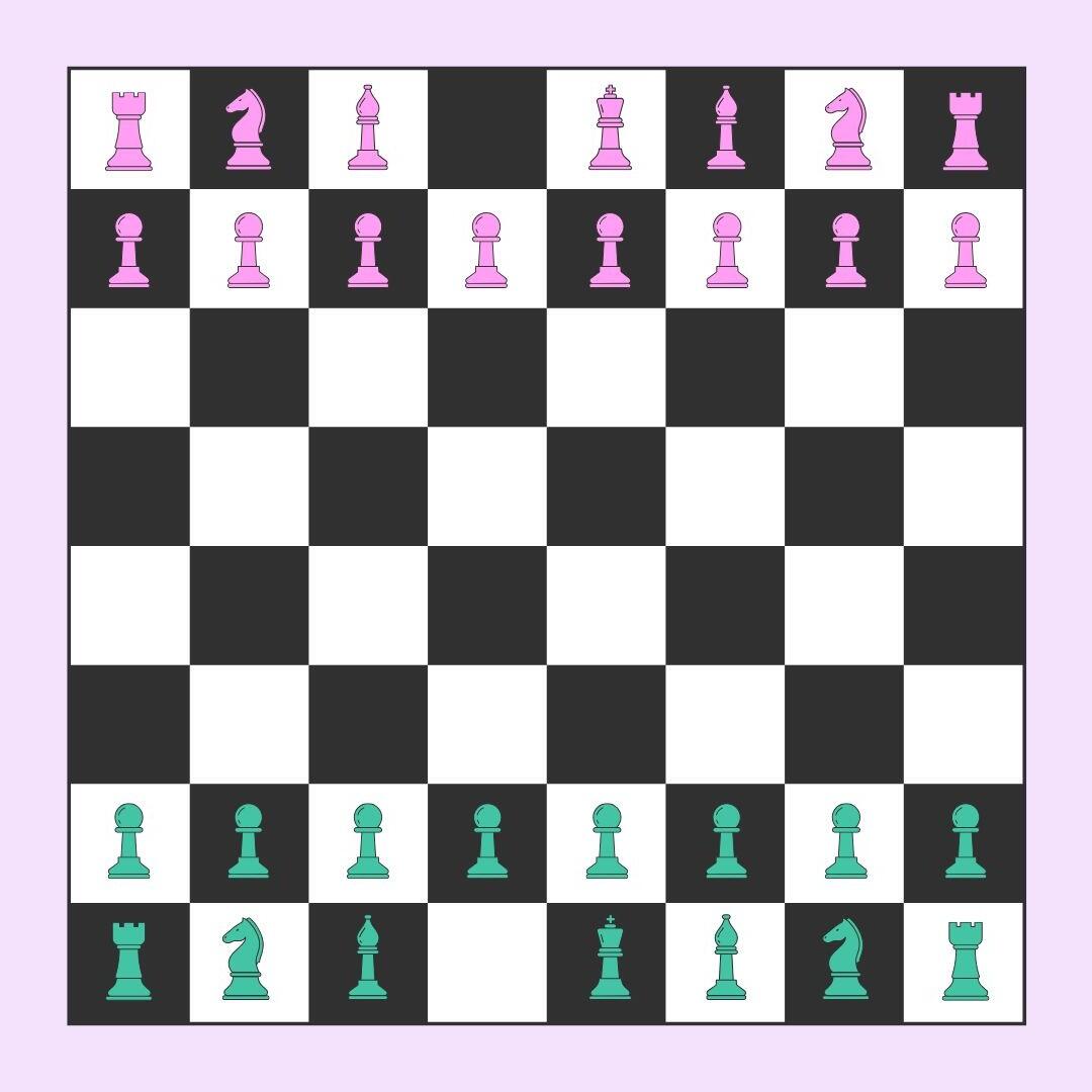 Un tablero de ajedrez colorido con piezas verde azulado y rosa, listo para un juego, sobre un fondo violeta pastel.