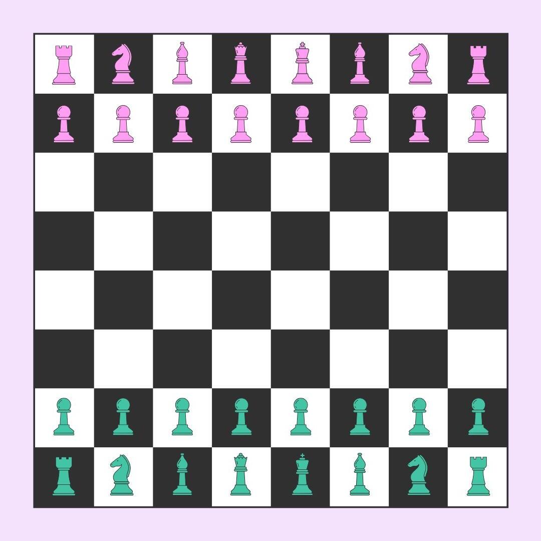 Un tablero de ajedrez preparado para un juego, con piezas rosas en la parte superior y piezas verdes en la parte inferior, con un patrón de cuadros clásico.