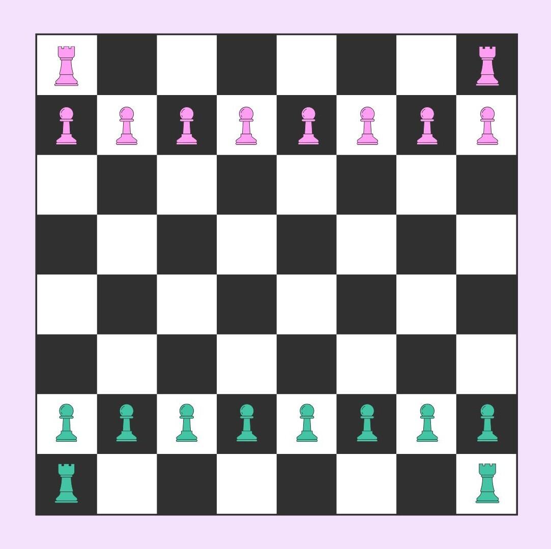 Un tablero de ajedrez colorido con algunas piezas verde azulado y rosa, listo para un juego, sobre un fondo violeta pastel.