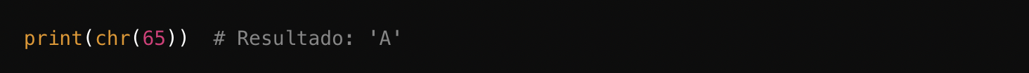 Fragmento de código que muestra una función de Python que convierte el número 65 en su correspondiente carácter ASCII, “A”.